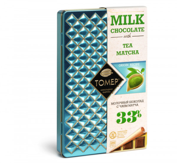 №1 Фабрика Томер металлический бокс Молочный шоколад с чаем МАТЧА ,33%  90г в Альметьевске